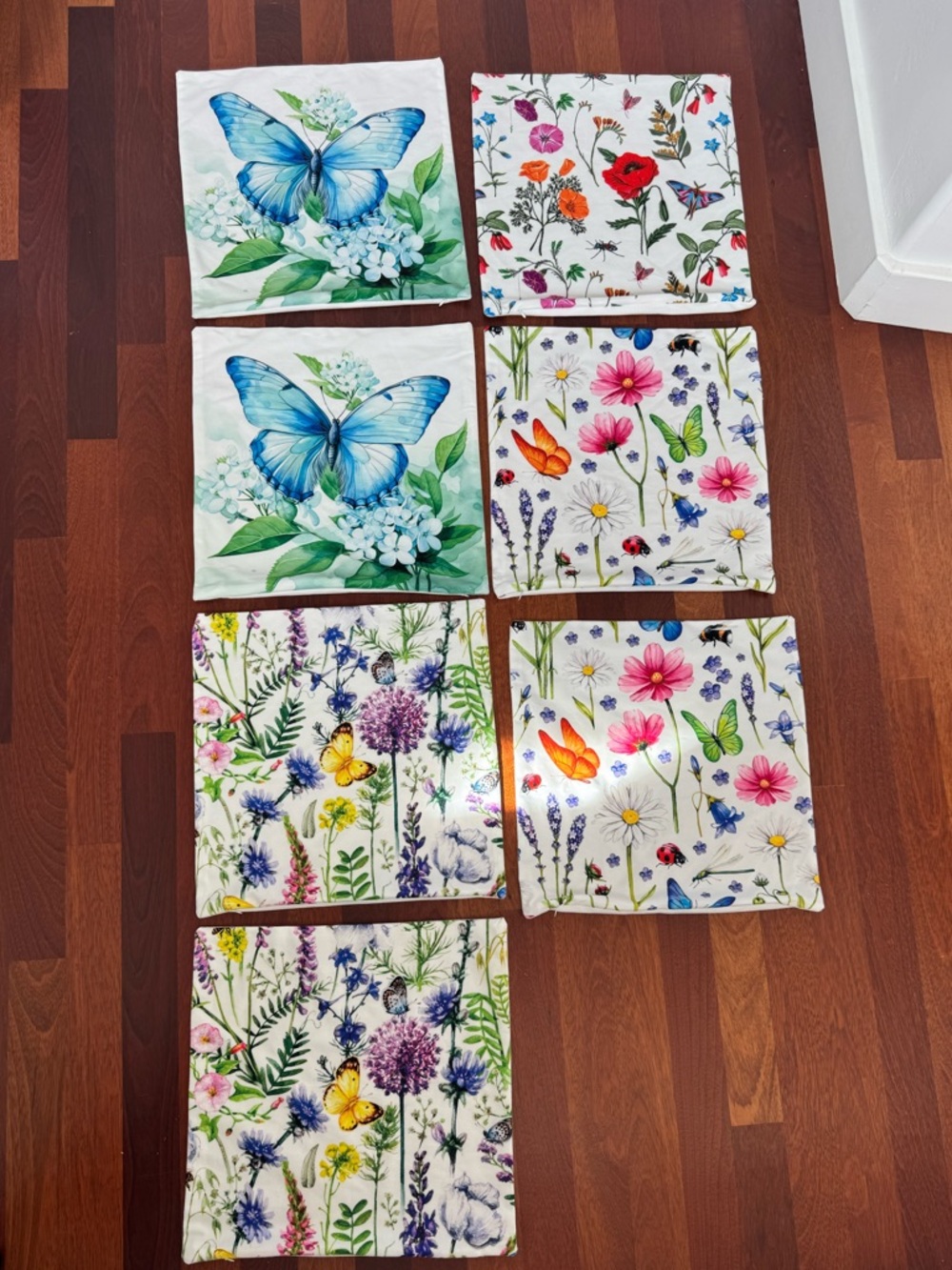 Set of 7 Floral & Butterfly Cotton Pillow Covers - Blue, Pink, Green, Yellow